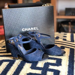 Chanel Chanel Denim Navy Blue Wedge Sandals NIB